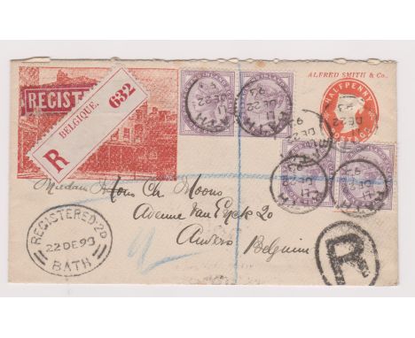 Great Britain 1893-Michel U13A prepaid Illustrated commercial envelope posted registered to Anvers, Belgium cancelled Dec 22n