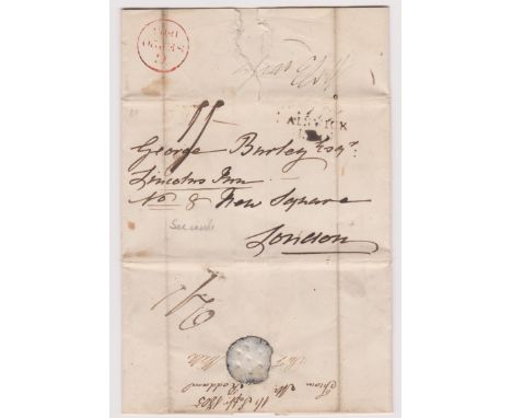 Great Britain 1805 - EL dated 26th Sept 1805-posted to London, manuscript postage rate 2 line Alnwick Mileage cancel - red si