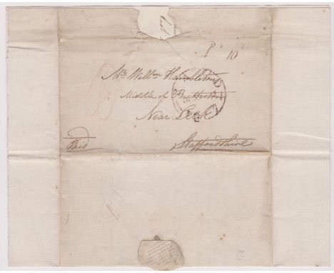 Great Britain - EL posted to Leek Staffs from Fulham-date unknown-manuscript P10 and sing ring paid Faint