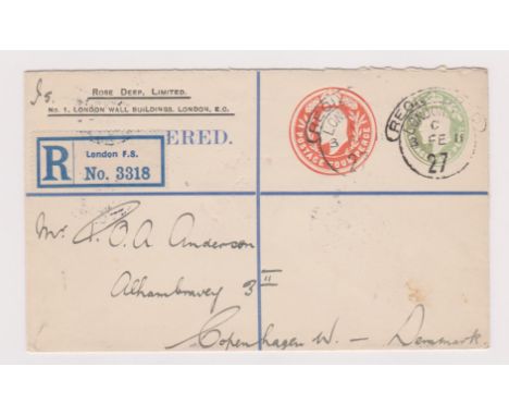 Great Britain 1911-Prepaid commercial registered envelope posted to Copenhagen cancelled 3.2.1911 registered London on 1/2d g