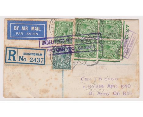 Great Britain 1928-envelope posted registered airmail to Armyan, Rhine member cancelled 1.3.28 British Industries Fair Birmin