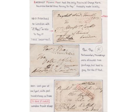 Great Britain 1813-27 3 fronts with Page, mounted describing Bagshot penny post franks