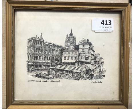 Vintage framed small black and white print of Gentleman's Walk Norwich, view of the market place and The Sir Garnet pub and S