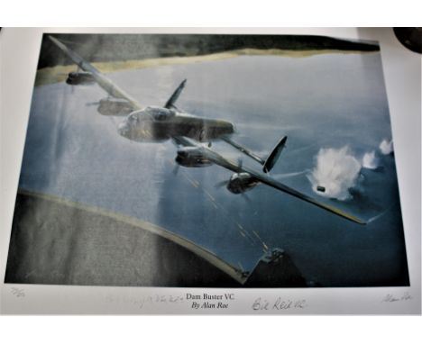 Dambusters VC Limited Edition print of the paining by Alan Roe, 74/250 and signed by Bos Wrights, DFC and Bill VC. Measuremen