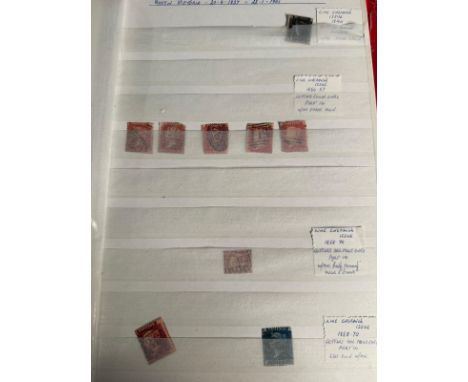 A stock book with a quantity of Victorian and later stamps to include a Penny Black line engraved issue 1840, some Penny Reds
