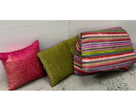 Designers guild stripe single bed spread/cover along with matching cushions and one other Indian silk cushion of similar colo