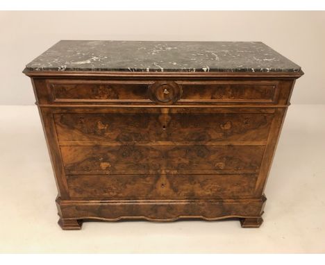 French 19th century Louis Philippe burr walnut veneer marble toped four drawer commode chest, approximately 115 x 53 x 95 cm