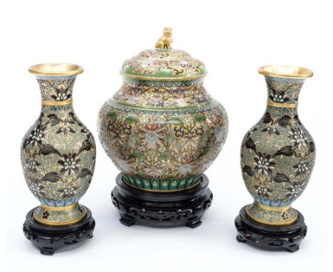 A cloisonne vase and cover, with dog of foe finial, together with two slender baluster vases (3) 