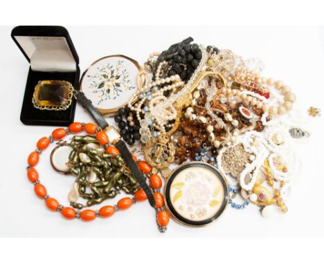 A bag of costume jewellery including ladies' wristwatches, Stratton powder compact etc 