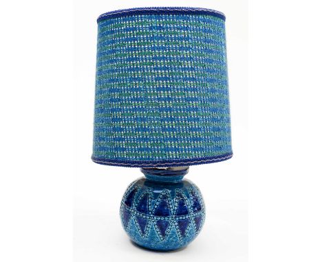 A 1970s blue/turquoise glazed pottery table lamp, height 19 cm approx including fittings, together with fabric covered shade 