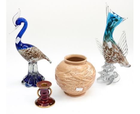 Two Murano type glass figures, a fish and bird with adventurine inclusions, together with Carlton Ware 'Rouge Royale' Candles