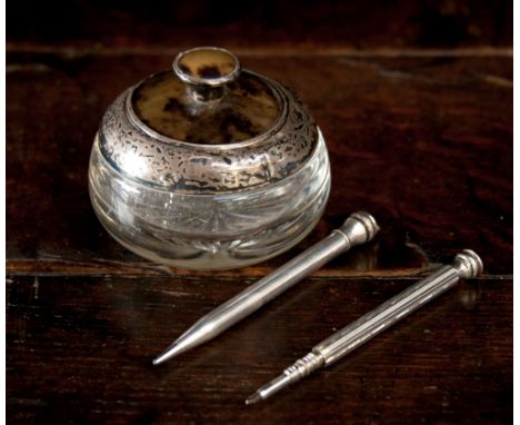 Dressing table jar with hallmarked top and collar, a silver propelling pencil, a white metal pencil with decorative finial (a