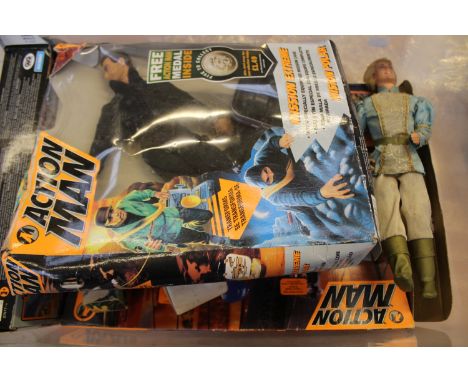 A collection of Action Man figures, a 1968 Mattel doll, money box and a boxed cube picture puzzle