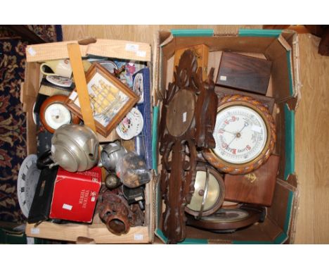 Two boxes of barometers, a mantle clock, wooden boxes, collectables, etc (two boxes) 