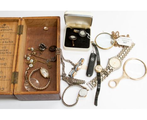 Four various wristwatches, three eye glasses, silver pendant, Wedgwood cufflinks (in wooden box) 