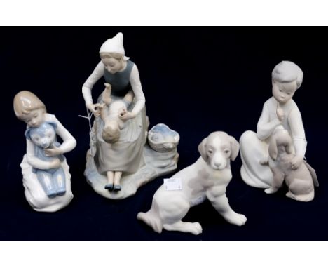 Four Nao figures including mother and child and a dog (4) 