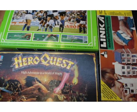 Subbuteo table soccer set, MB games Hero Quest and Linka model building system 