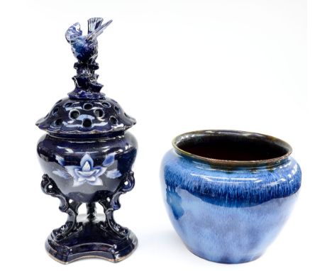A Bourne Denby blue glazed jardiniere, printed marks, height 21 cm approx, together with a late Victorian blue pottery flower