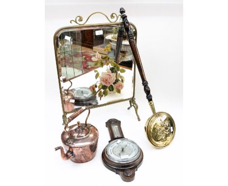 A mirrored fire screen circa 1900 with painted detail, a warming pan, copper kettle (19th Century) and a 20th Century wall ba