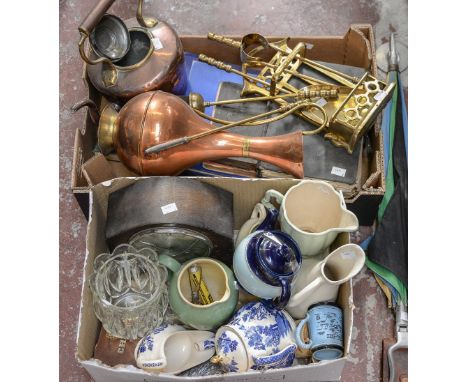 Two boxes of assorted items to include copper kettle, brass companion set, obstetric book, Scotland guide, Piano, Alto Sax an