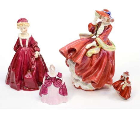 Four ceramic figures including Royal Worcester 'Grandmother's Dress', red/purple dress, two Royal Doulton and a Coalport (4) 