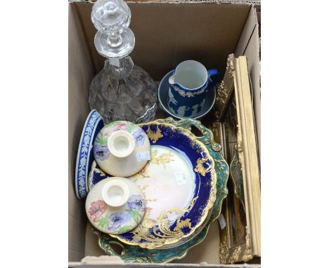 A collection of ceramics and glass including Bodenhausen Chrystoleum, Wedgwood Jasperware, Limoges type comport, Radford cand