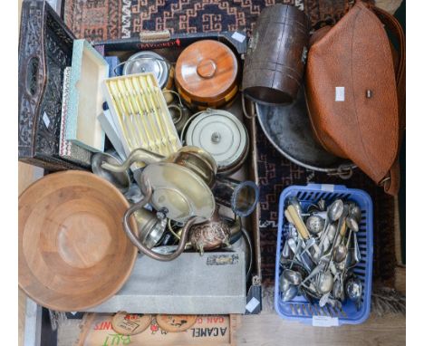 A box of assorted items, including metalware, biscuit jars, turned bowls, silver plated ware flatware, together with a large 