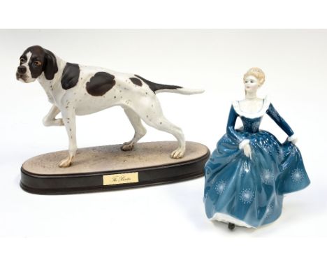 A Beswick dog 'The Pointer' on a ceramic plinth, model 3011, white/brown matte ,a second and a  Royal Doulton figure 'Fragran