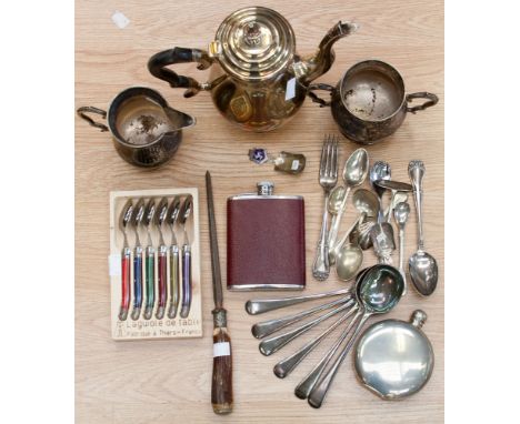 A three piece EPNS tea service, two hip flasks, cutlery and a steel (qty) 