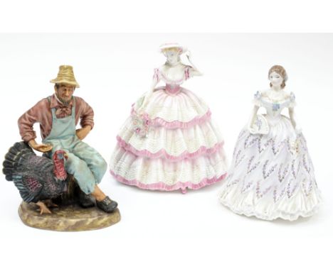 Three ceramic figures to include Doulton 'Thanksgiving', Coalport 'Coronation' and Worcester 'Last Waltz' (3) 