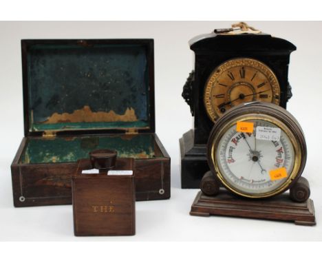 A 19th Century tea caddy, inscribed with cover together with a rosewood box and two mantel clocks 