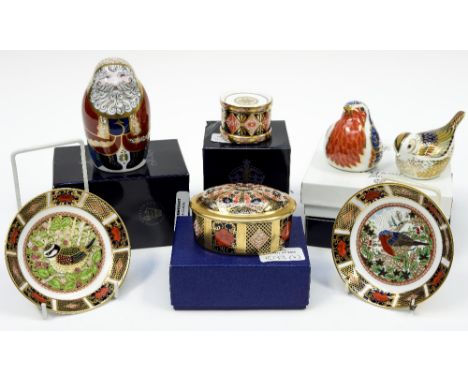 Royal Crown Derby paperweights and trays including Sinclairs 1998 Blue Tit tray, Santa Claus, Toy Drum, Imari box, Firecrest 