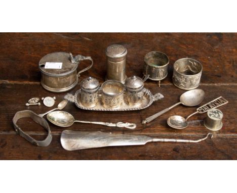 A parcel of Chinese and British small silverware, including a hallmarked mustard pot and pepperette, spoons, cufflinks, brace