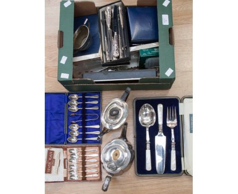 A silver plate tea service, cased EPNS servers with mother of pearl handles, Viners kings pattern flatware, cased tea spoons,