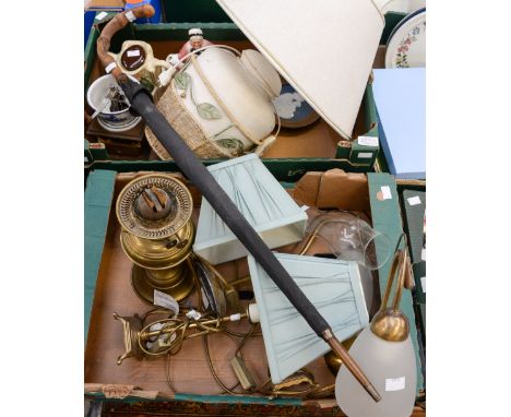 ****TO LAMPS HAVE BEEN PAT TESTED AND BOTH PASSED****Two boxes of assorted lamps together with a grinder, novelty teapots etc