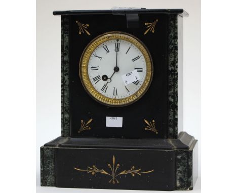 A late 19th Century black slate French mantle clock, with white face and Roman numerals 