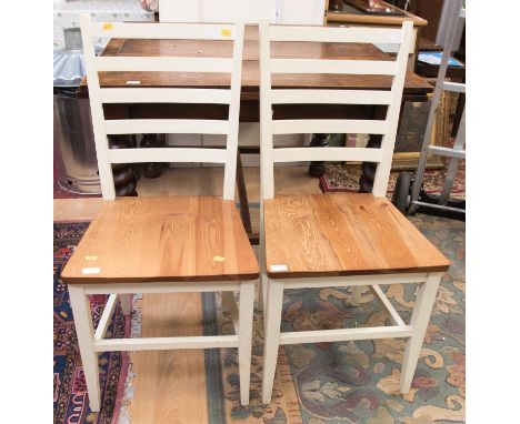 A contemporary set of five white painted ladder-back chairs, all fitted with pine seats, (5)