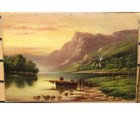 Henry Jerman, R (XIX-XX), Highland landscape with figures on fishing boat foreground, oils on re-lined canvas, signed and dat