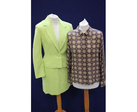 A Versace lime green 1990s suit in cotton mixed embossed together with a Christen Dior patterned brown and cream blouse in 10