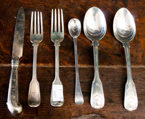 Five pieces of Victorian silver flatware (two spoons, two forks and one knife) a silver mustard spoon, hallmark London 1864, 