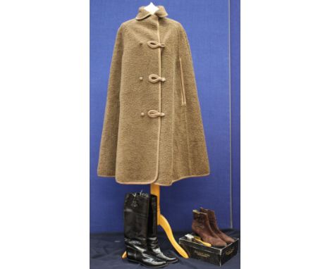 One pair of back ladies' knee length boots by Rayne, one Wetherall brown reversible ladies' cape, with blue and brown check o