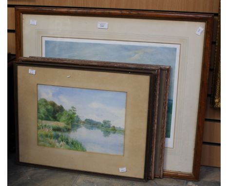 Six prints and watercolours:

EG Houseman, watercolour painting of countryside, 35cm x 45cm and another by same artist, 24cm 