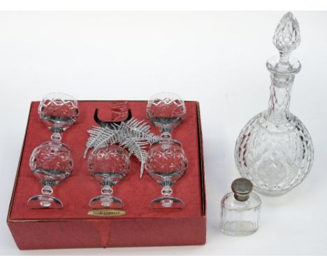 A cut glass decanter, probably Tutbury Crystal together with a set of six Webb Corbett Port glasses and a silver topped toile