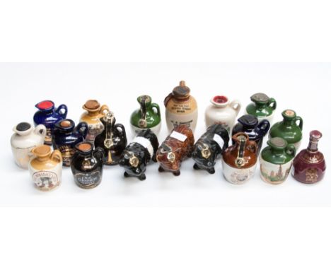 A collection of miniature ceramic whisky flagons, including White Horse, House of Peers, Scottish Island, Andrew and Sarah Ro