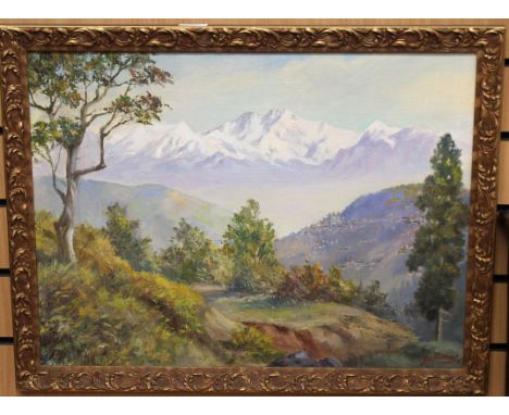 An oil painting, circa 1910 of an Indian scene looking towards the Himalayas, the use of light in the vista is wonderful, sig