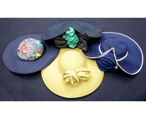 A Parigi navy flat brimmed and flat crowned elegant hat edged with white, acid green picture hat flat brimmed picture decorat