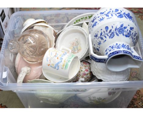 Royal Worcester water jug, Hammersley Strawberry dish, Commemorative ware, Peter Rabbit, Portmerion etc (one box) 