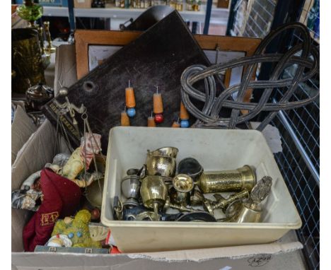 A box of brass, ceramics figures, glass decanters, carpet beater, picture, etc