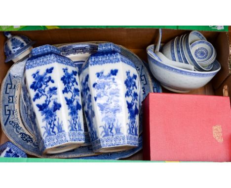 Box containing a modern Japanese tea service, small tea pot and six small cup, two Kank His vases, one damaged, four Willow p