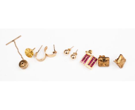 A 14ct gold cz and synthetic ruby pendant, 2.9 grams approx. together with three pairs of 9ct gold earrings and a 9ct gold ti